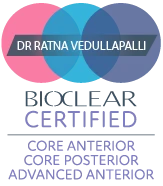Certified badge with overlapping circles labeled "Dr Ratna Vedullapalli" highlighting advanced anterior core expertise.