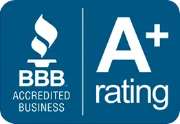 Blue badge showing "BBB Accredited Business" with an "A+ rating" highlighted on the right.